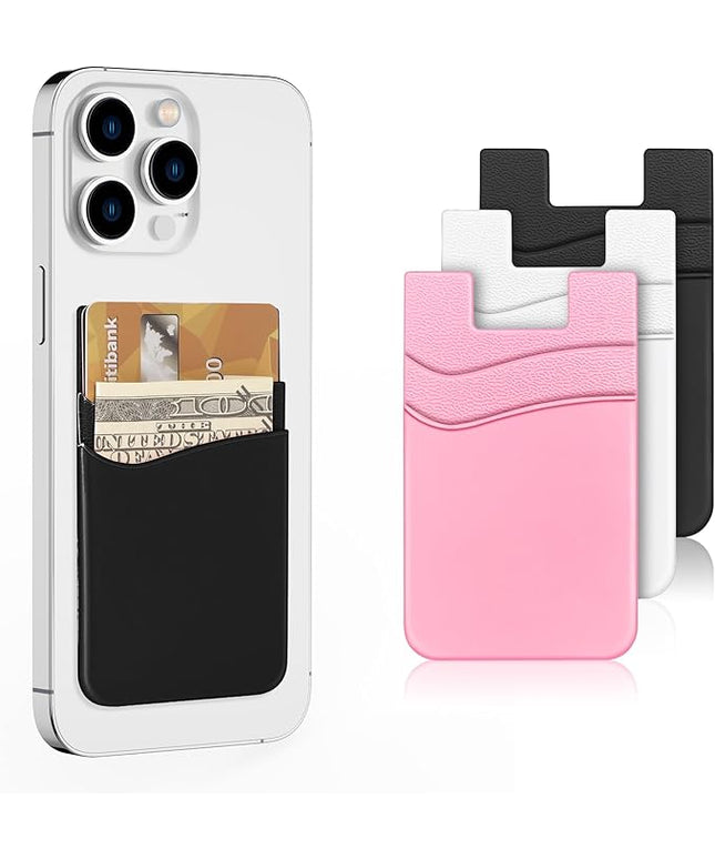 SHANSHUI Phone Card Holder, Double Silicone Cellphone Wallet Stick On Credit Card Holder Phone Pocket for Almost Smartphones & Case - Pink White Black /3pcs