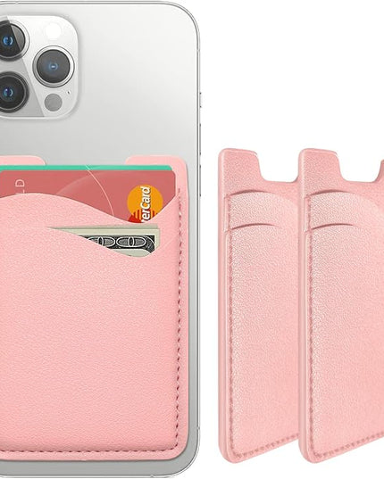 Leather Phone Card Holder, 2-Pack Stick-On Wallet for iPhone, Samsung - Pink