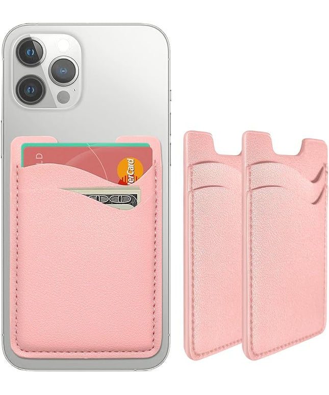 Leather Phone Card Holder, 2-Pack Stick-On Wallet for iPhone, Samsung - Pink