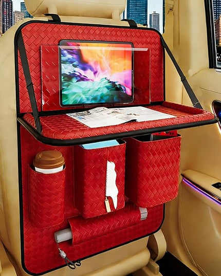 Car Back Seat Organizer, Black Woven Leather Storage Bag, Multifunctional Rear Seat Protector with Tablet Holder, 25.2x17.7 Inches, Abrasion Resistant (red)