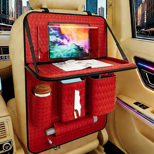 Car Back Seat Organizer, Black Woven Leather Storage Bag, Multifunctional Rear Seat Protector with Tablet Holder, 25.2x17.7 Inches, Abrasion Resistant (red)