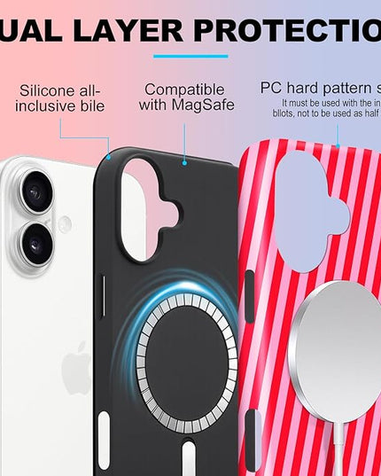 Magnetic for iPhone 16 Case Cute Diagonal Stripes Phone Case, Shockproof Slim TPU and Hard PC Protective Phone Cover Compatible with MagSafe Designed for Women Girls,Red