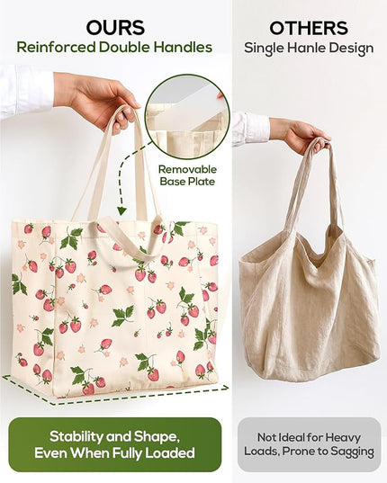 Large Canvas Grocery Tote Bag - Reusable Extra Large Shopping Shoulder Bags with 6 Inner Pockets & 2 Handle Strap