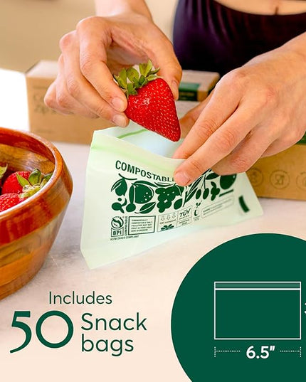Cleanomic Compostable Zip Sandwich Bags - Leak Resistant, Gallon, Quart, Sandwich, Snack - 125 Count