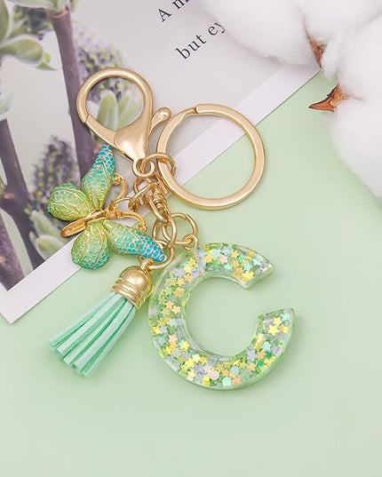 Fashion Alphabet Initial Letter Keychain Tassel Butterfly Pendant Key Ring for Purse Handbags Women Girl