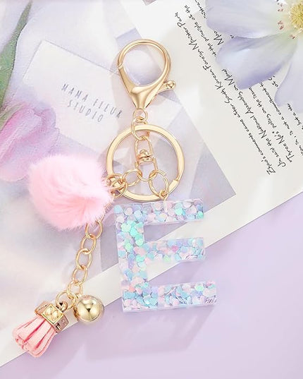 Resin Alphabet Initial Letter Keychain Keyring for Women Purse Handbags With Fur Ball Pom