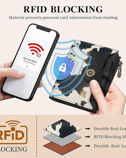 Blucoay Wallet Women,RFID Blocking Leather Womens Wallet Bifold Compact Card Holder Small Wallet for Women with Removable ID Window cowprint black