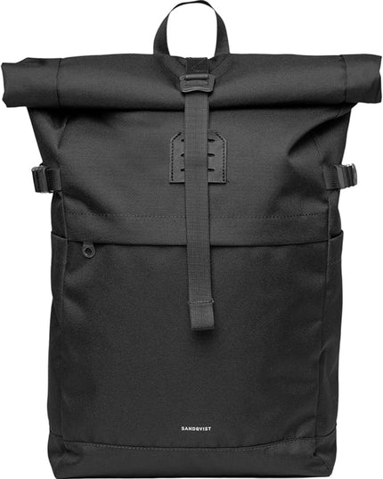Sandqvist Men's Icon Medium Rolltop Backpack, Black With Black Leather, One Size