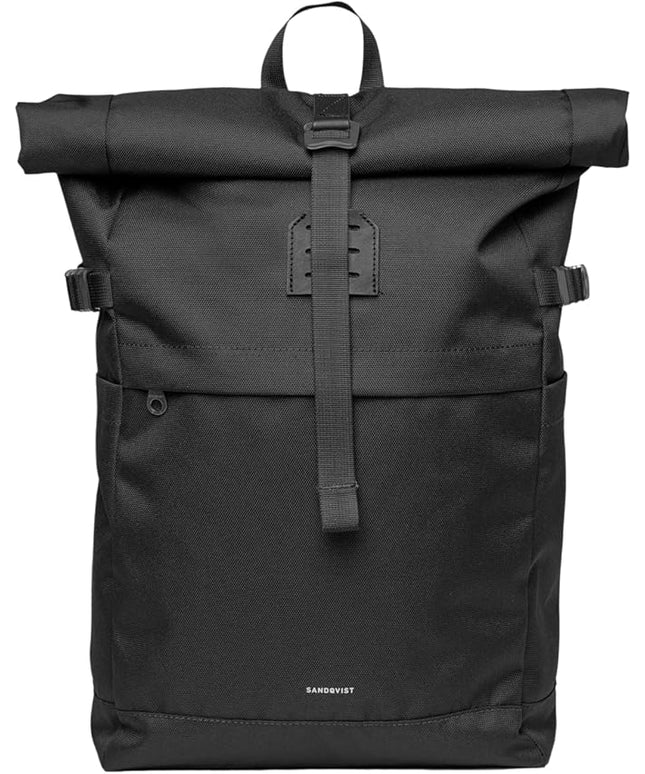 Sandqvist Men's Icon Medium Rolltop Backpack, Black With Black Leather, One Size