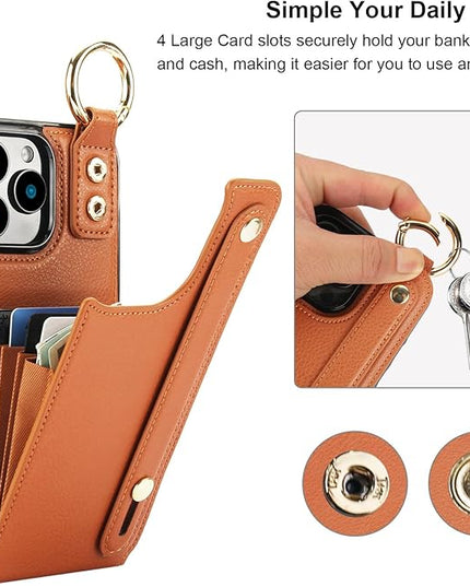 Folosu for iPhone 16 Pro Max Wallet Case with Card Holder, Hand Wrist Strap Loop Holder Kickstand, RFID Blocking Finger Grip Ring PU Leather Double Buttons Shockproof Cover 6.9" Brown