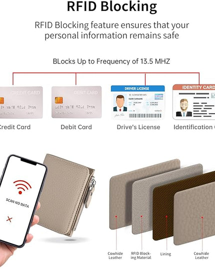 ilovever Small Wallet Women Soft Leather RFID Blocking Card Holder with Zipper Pocket Bifold wallet,Grey