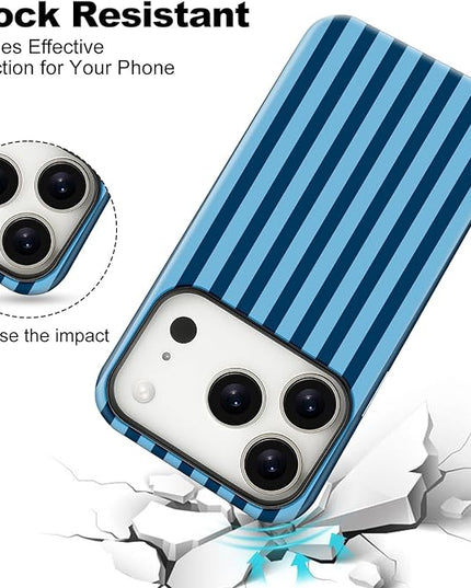 Magnetic for iPhone 17 Pro Max Case Cute Stripes Phone Case, Shockproof Slim TPU and Hard PC Protective Phone Cover Compatible with MagSafe Designed for Women Girls, Lake Blue