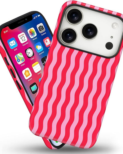 Magnetic for iPhone 17 Pro Max Case Cute Wavy Stripes Phone Case, Shockproof Slim TPU and Hard PC Protective Phone Cover Compatible with MagSafe Designed for Women Girls, Red