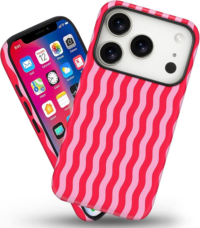 Magnetic for iPhone 17 Pro Max Case Cute Wavy Stripes Phone Case, Shockproof Slim TPU and Hard PC Protective Phone Cover Compatible with MagSafe Designed for Women Girls, Red