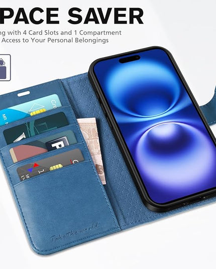 TUCCH Wallet Case for iPhone 16, Magnetic PU Leather Kickstand Flip Cover with 4 Card Slot Shockproof TPU Interior Shell, [RFID Blocking] Folio Case Compatible with iPhone 16 5G 2024, Light Blue