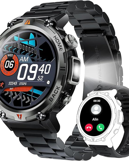 Military Smart Watch for Men with LED Flashlight 1.45” Rugged 3ATM Waterproof Smart Watch with 100+ Sports Modes Fitness Tracker with Heart Rate Sleep Monitor Tactical Smartwatch for iPhone Android