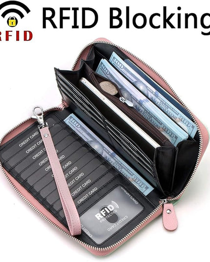 Moflycom Womens Wallet RFID Blocking Genuine Leather Multi Credit Card Large Capacity Zip Around Clutch Travel Purse Wristlet
