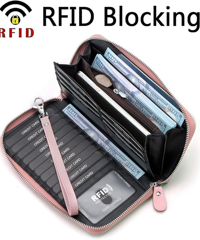 Moflycom Womens Wallet RFID Blocking Genuine Leather Multi Credit Card Large Capacity Zip Around Clutch Travel Purse Wristlet