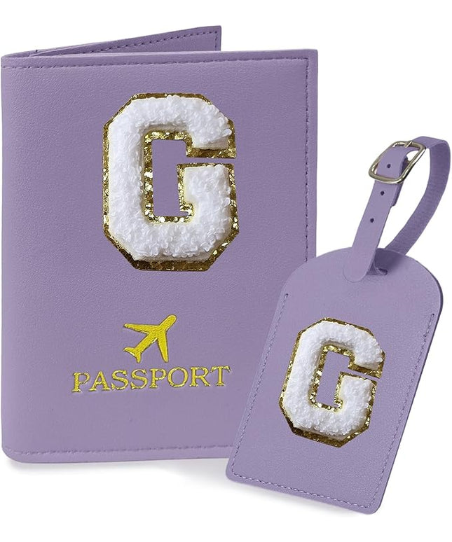 COSHAYSOO Purple Initial Passport Cover Holder and Luggage Tag Set TSA Approved with Chenille Letter Patch for Women Teenage Girls, Fashion Travel Bag Backpacks Suitcase Identifier Markers (G)