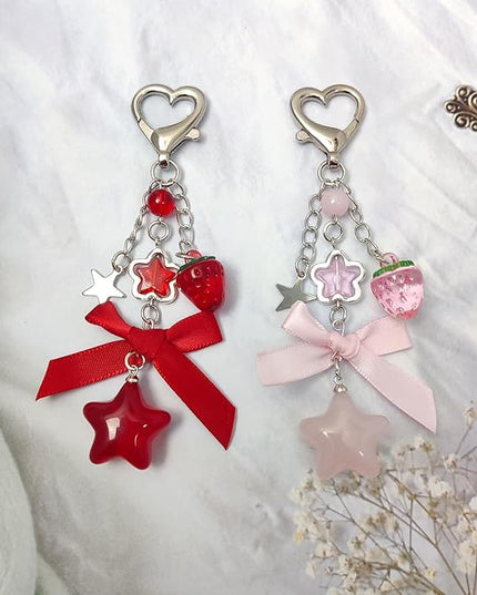Keychain for Women Gold Bow Angel Wings KeyChains Novel Star Heart Strawberry Racket Pendants Bag Charm Key Chains