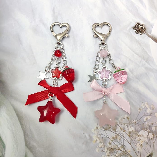 Keychain for Women Gold Bow Angel Wings KeyChains Novel Star Heart Strawberry Racket Pendants Bag Charm Key Chains