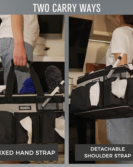 Wearable Cleaning Caddy Bag, Cleaning Caddy Supplies Organizer with Handle & Shoulder Straps for Housekeepers, Under Sink & Car Cleaning Tool Organizers with 4 Foldable Divider (Grey)
