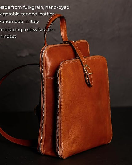 Time Resistance Leather Backpack - Convertible to Shoulder Bag - Full Grain Real Leather Travel Rucksack for Women (Cognac Brown)