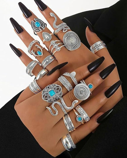 KISS WIFE Cool Rings Set for Women, Vintage Silver Punk Rings Bulk, Gothic Chunky Knuckle Emo Stackable Finger Ring Pack Western Jewelry Gift for Her