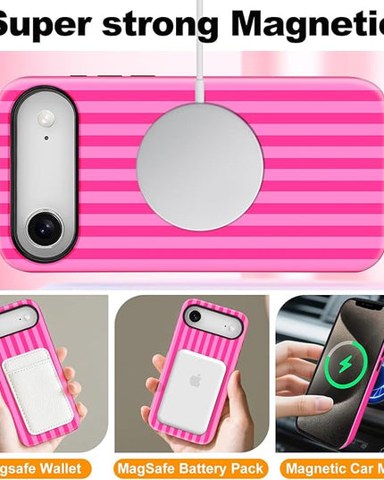 Magnetic for iPhone 17 Air Case Cute Stripes Phone Case, Shockproof Slim TPU and Hard PC Protective Phone Cover Compatible with MagSafe Designed for Women Girls, Deep Pink