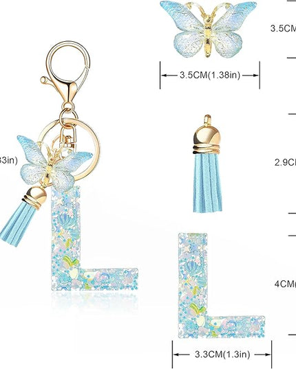 Fashion Alphabet Initial Letter Keychain Tassel Butterfly Pendant Key Ring for Purse Handbags Women Girl