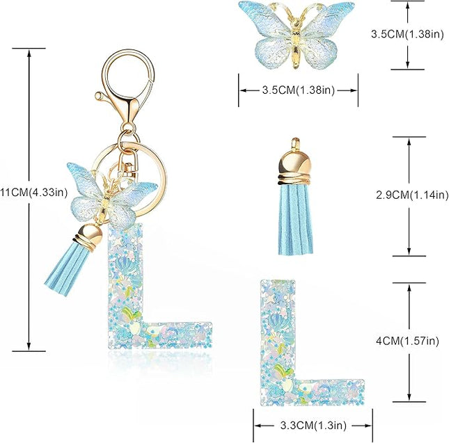 Fashion Alphabet Initial Letter Keychain Tassel Butterfly Pendant Key Ring for Purse Handbags Women Girl