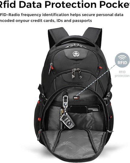 Swissdigital Design Laptop Backpack with USB Charging Port, Travel Backpack Fits 15.6 inches Computer, 31L College School Backpack for Men, Black | SD803-01