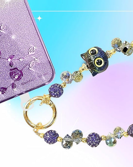 Beaded Phone Wrist Strap for Women with Cute Owl Charm, Anti-Lost Keychain Bracelet Lanyard for Cellphone, Handbag, and Keys (Owl-(Purple)