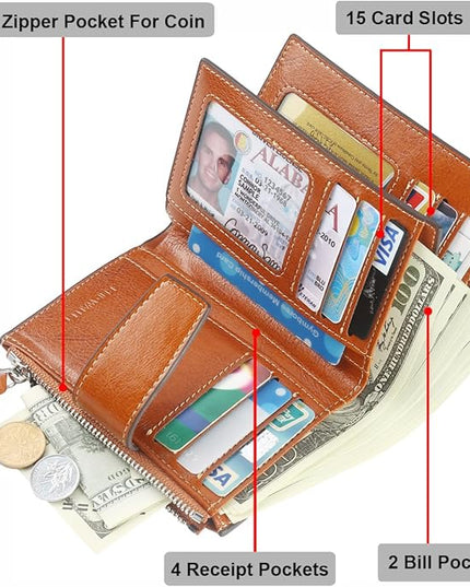 Lavemi Small Compact Women Wallet RFID Blocking Genuine Leather Bifold Purse with ID Windows