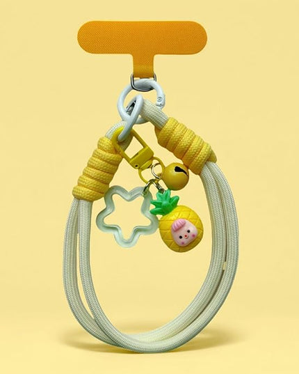 Dopamine Vibes Universal Wrist Strap - Korean-Style Short Phone Lanyard with Cute Yellow Pineapple Charm, 7mm Rope, Trendy Anti-Theft Tether for Girls, Includes Pendant & Nylon Phone Tab