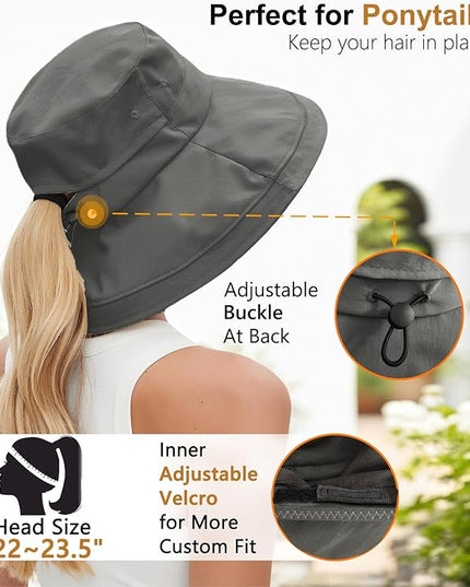 Sun Hats for Women, Wide Brim Waterproof Bucket Hat, Summer Beach Packable Ponytail Hat,UPF 50+ UV Protection