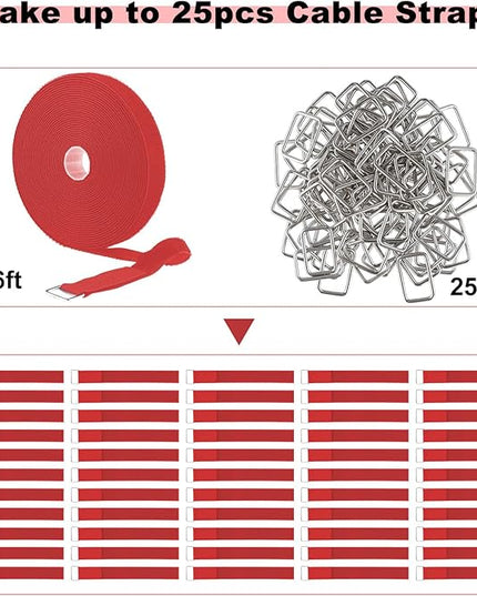 1"x16ft Hook and Loop Straps with 25 Metal Buckles, Adjustable Fastening Cable Straps, Cut-to-Length Cinch Strap, Reusable Nylon Securing Cord Ties for Organizer or Storage, 1 inch Wide,Red