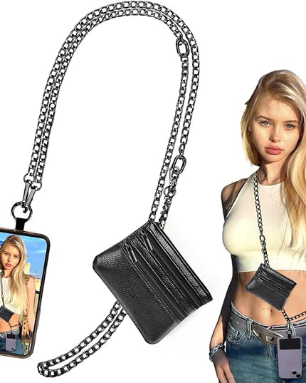 XANGNIER Clip and Go Strap for Phone with Wallet Crossbody, Phone Strap with Zippered Wallet, Adjustable Anti Theft Cellphone Lanyard for Women, Cellphone Chain Accessories,Chain Black