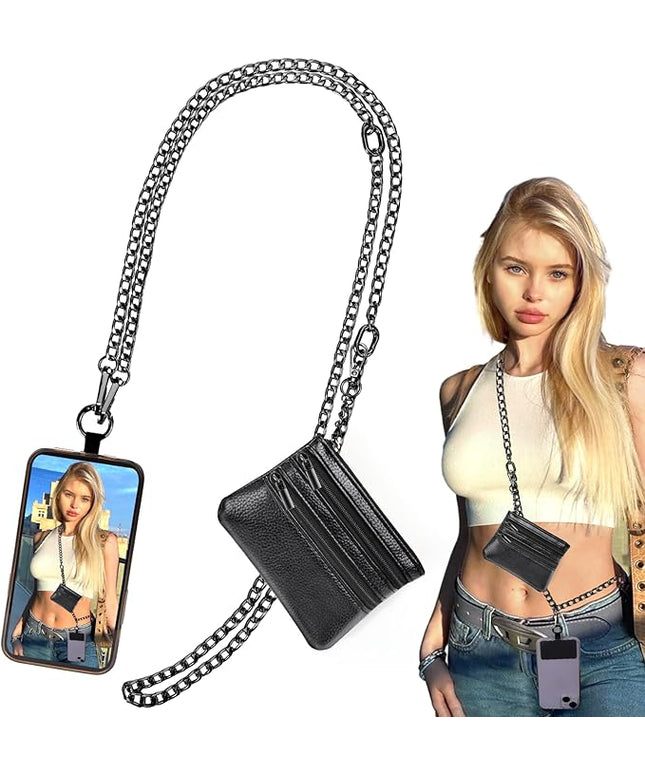 XANGNIER Clip and Go Strap for Phone with Wallet Crossbody, Phone Strap with Zippered Wallet, Adjustable Anti Theft Cellphone Lanyard for Women, Cellphone Chain Accessories,Chain Black
