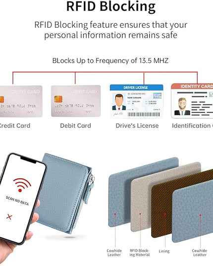 ilovever Small Wallet Women Soft Leather RFID Blocking Card Holder with Zipper Pocket Bifold wallet,Blue