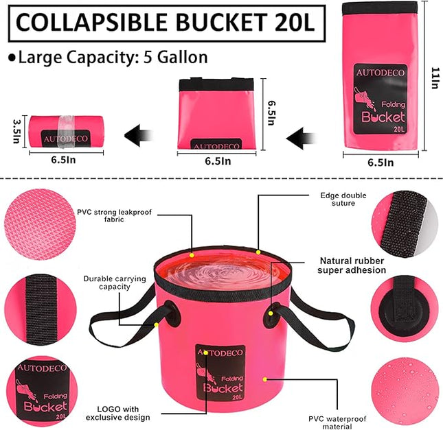 AUTODECO 22Pcs Car Wash Cleaning Tools Kit Car Detailing Set with Canvas Bag Pink Collapsible Bucket Wash Mitt Sponge Towels Tire Brush Window Scraper Duster Complete Interior Car Care Kit