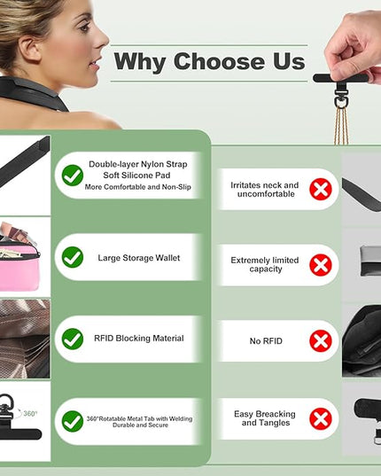 Clip and Go Strap for Phone with Wallet Crossbody, Adjustable Phone Lanyard with Detachable RFID Wristlet Wallet & Ultra-Thin 360° Rotatable Metal Tabs for All Smartphones (Pink)