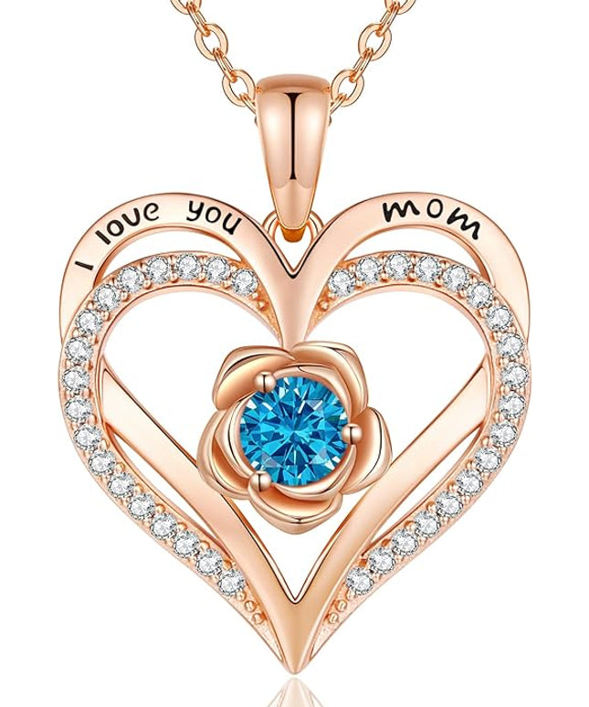 CDE Christmas Gifts for Women S925 Silver Rose Gold Heart Birthstone Necklaces for Women，Ideal Anniversary or Birthday Jewelry Gifts for Wife Girlfriend Her