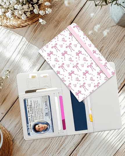 Pink Bow Ties Leather Passport Holder Cover Butteryfly Travel Wallet Passport Case with Credit Card Slots for Women Men Travelling Essentials for Flying