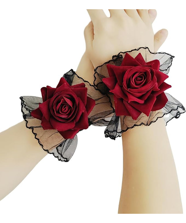 Gothic Rose Lace Gloves Hand Sleeve Black Lace Elastic Bracelet Wine Red Flower Wrist Cuff Dress Accessories for Women Girls Wedding Halloween Prom Masquerade Party Clothing 1 Pair