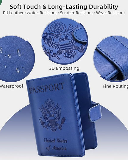 Passport Holder for Travel Family with Slot for AirTag & Luggage Tag Cover, – RFID Blocking Passport Wallet for Women & Men | PU Leather Passport Cover Case with Money Pocket – Blue