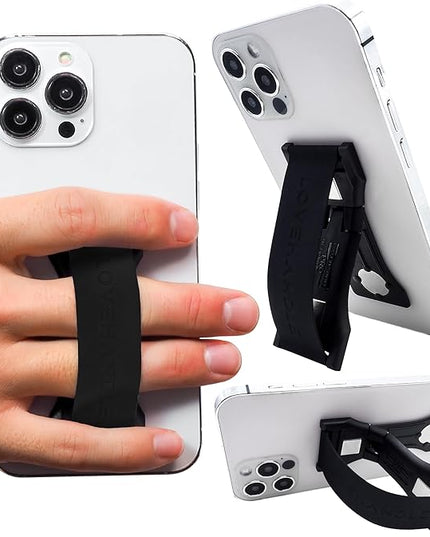 LOVEHANDLE PRO Premium Phone Grip - Silicone Phone Strap - Magnetic Phone Mount and Kickstand for Smartphone and Tablet - Black Silicone on Black Base