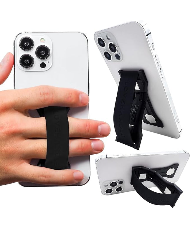 LOVEHANDLE PRO Premium Phone Grip - Silicone Phone Strap - Magnetic Phone Mount and Kickstand for Smartphone and Tablet - Black Silicone on Black Base