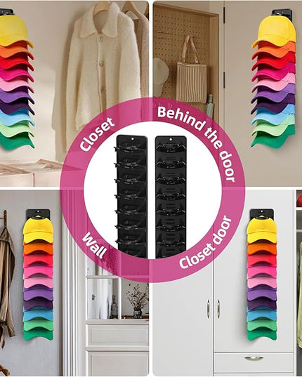 Flizubat Spring Clip Hat Organizer for Baseball Caps – 2 Pack, Wall Hat Rack for Door & Closet – Keeps 20 Hats Tidy in Garage, Dorm, Man Cave – Multi-Layer Cap Storage (Adhesive or Screws)