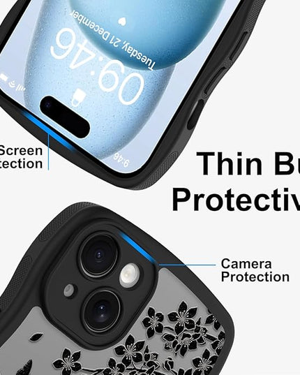 Wavy Case for iPhone 15 Case with Stand [Compatible with MagSafe] Cute Black Cat & Floral & Butterflies Pattern Design, Kawaii 360 Magnetic Ring Kickstand Phone Cover for Women Girls